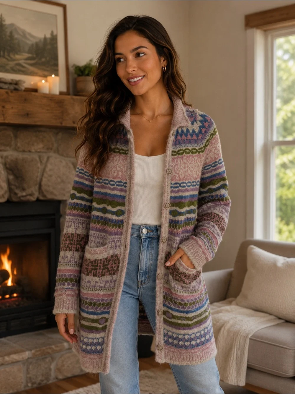 Women's Patterned Long Cardigan Sweater‎ -Multi Color Alpaca Blend @SOL Small